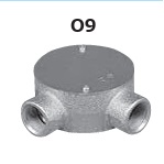 (O9Z**)　ねじつき　丸型露出ボックス　直角2方出　鋳鉄製　厚鋼